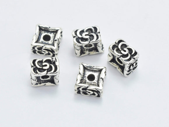 2pcs 925 Sterling Silver Beads-Antique Silver, 6x6mm Square Beads, Flower Beads-Metal Findings & Charms-BeadBeyond