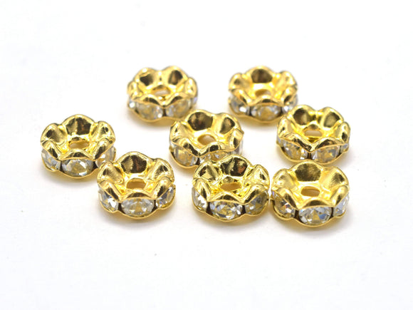 Rhinestone, 8mm, Finding Spacer Round, Clear, Gold plated Brass, 30 pieces-Metal Findings & Charms-BeadBeyond