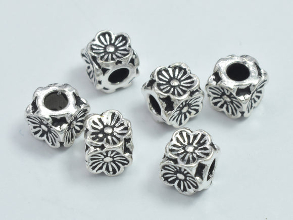 4pcs 925 Sterling Silver Beads-Antique Silver, 4.7x4.7mm Cube Beads, Flower Beads-BeadBeyond