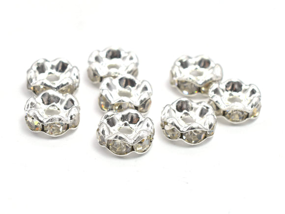 Rhinestone, 8mm, Finding Spacer Round, Clear, Silver plated Brass, 30 pieces-Metal Findings & Charms-BeadBeyond