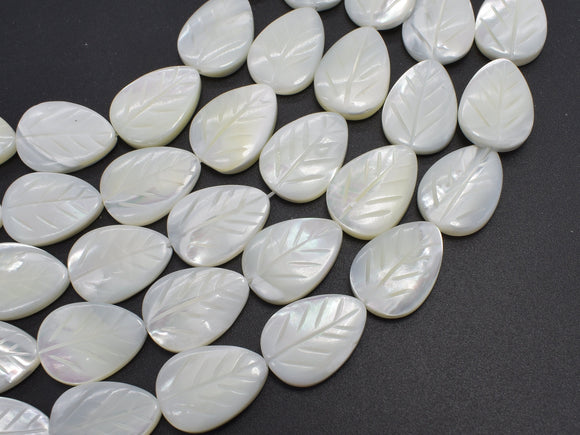 Mother of Pearl, MOP, White, 13x18mm Carved Leaf-BeadBeyond
