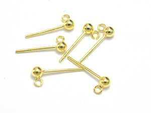 10pcs (5pairs) 24K Gold Vermeil Ball Earring Stud Posts, 925 Sterling Silver, with Open Loop, 14mm-Metal Findings & Charms-BeadBeyond