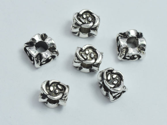 4pcs 925 Sterling Silver Beads-Antique Silver, 5.5x5.5mm, Square Beads, Flower Beads, Rose Beads-BeadBeyond