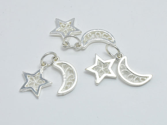 2sets 925 Sterling Silver Charms, Moon and Star Charms, Moon 11x6.8mm, Star 10mm-BeadBeyond