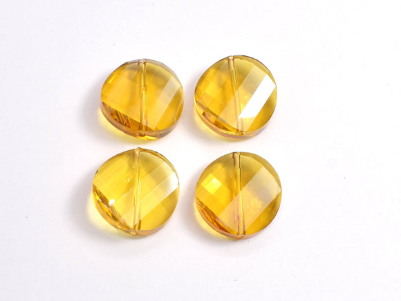 Crystal Glass 18mm Twisted Faceted Coin Beads, Yellow, 4pieces-BeadBeyond