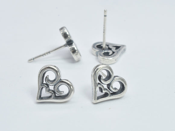 2pcs (1pair) 925 Sterling Silver Heart Earring Stud Post, 9.6x8.8mm Heart, 11mm Long-BeadBeyond