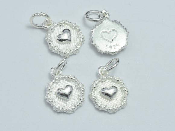 2pcs 925 Sterling Silver Charms, Heart Charms, 10.8mm Coin-BeadBeyond