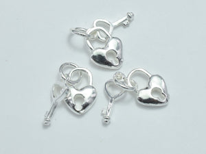 2sets 925 Sterling Silver Charms, Key and Heart Lock Charms, Heart 8x11mm, Key 15x5mm-BeadBeyond