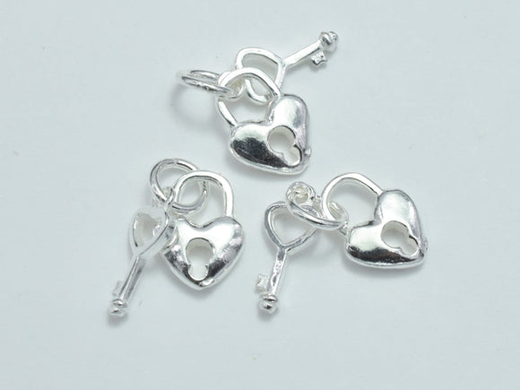 2sets 925 Sterling Silver Charms, Key and Heart Lock Charms, Heart 8x11mm, Key 15x5mm-BeadBeyond