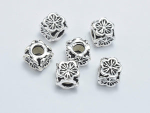2pcs 925 Sterling Silver Beads-Antique Silver, 5.8x5.8mm Cube Beads, Flower Beads-Metal Findings & Charms-BeadBeyond