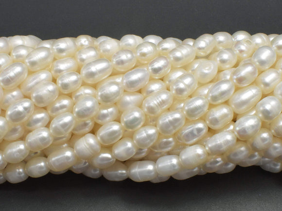 Fresh Water Pearl Beads-White, Approx. 5x7mm Rice Beads, 14.5 Inch-Pearls & Glass-BeadBeyond