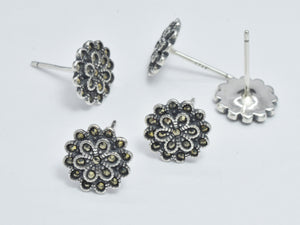 2pcs (1pair) 925 Sterling Silver Stud Post, Marcasite Flower Stud Post, 9.8mm Flower Pad, 11mm Long-BeadBeyond