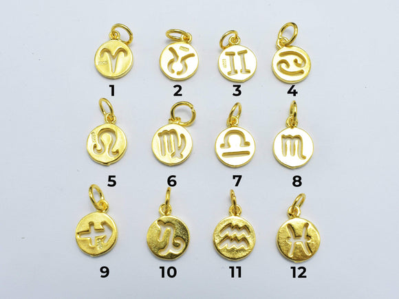 1pcs 24K Gold Vermeil Astrology Sign Charms, 925 Sterling Silver Charms, 9.2mm Coin Charms-Metal Findings & Charms-BeadBeyond