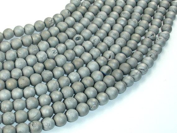 Druzy Agate Beads, Silver Gray Geode Beads, 6mm Round Beads-Agate: Round & Faceted-BeadBeyond