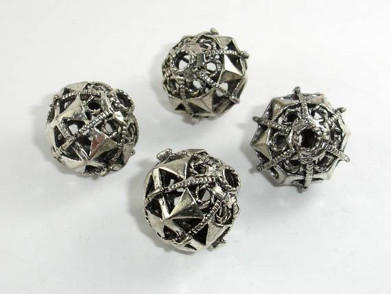 Metal Beads, Metal Hollow Round Spacer, Zinc Alloy, Antique Silver Tone 2pcs-Metal Findings & Charms-BeadBeyond
