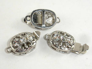 Rhinestone Oval Filigree Box Clasps , Rhodium Plated, 10x12mm 2pcs-Metal Findings & Charms-BeadBeyond