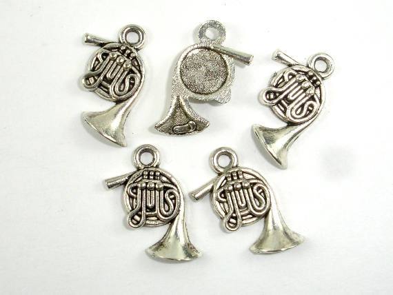 French Horn Charms, Zinc Alloy, Antique Silver Tone-Metal Findings & Charms-BeadBeyond