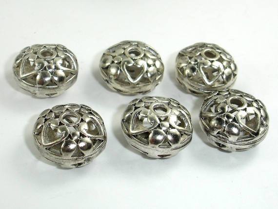 Metal Beads, Metal Hollow Flat Round Spacer, Zinc Alloy, Antique Silver Tone 4pcs-Metal Findings & Charms-BeadBeyond
