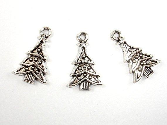 Christmas Tree Charms, Zinc Alloy, Antique Silver Tone 10pcs-Metal Findings & Charms-BeadBeyond